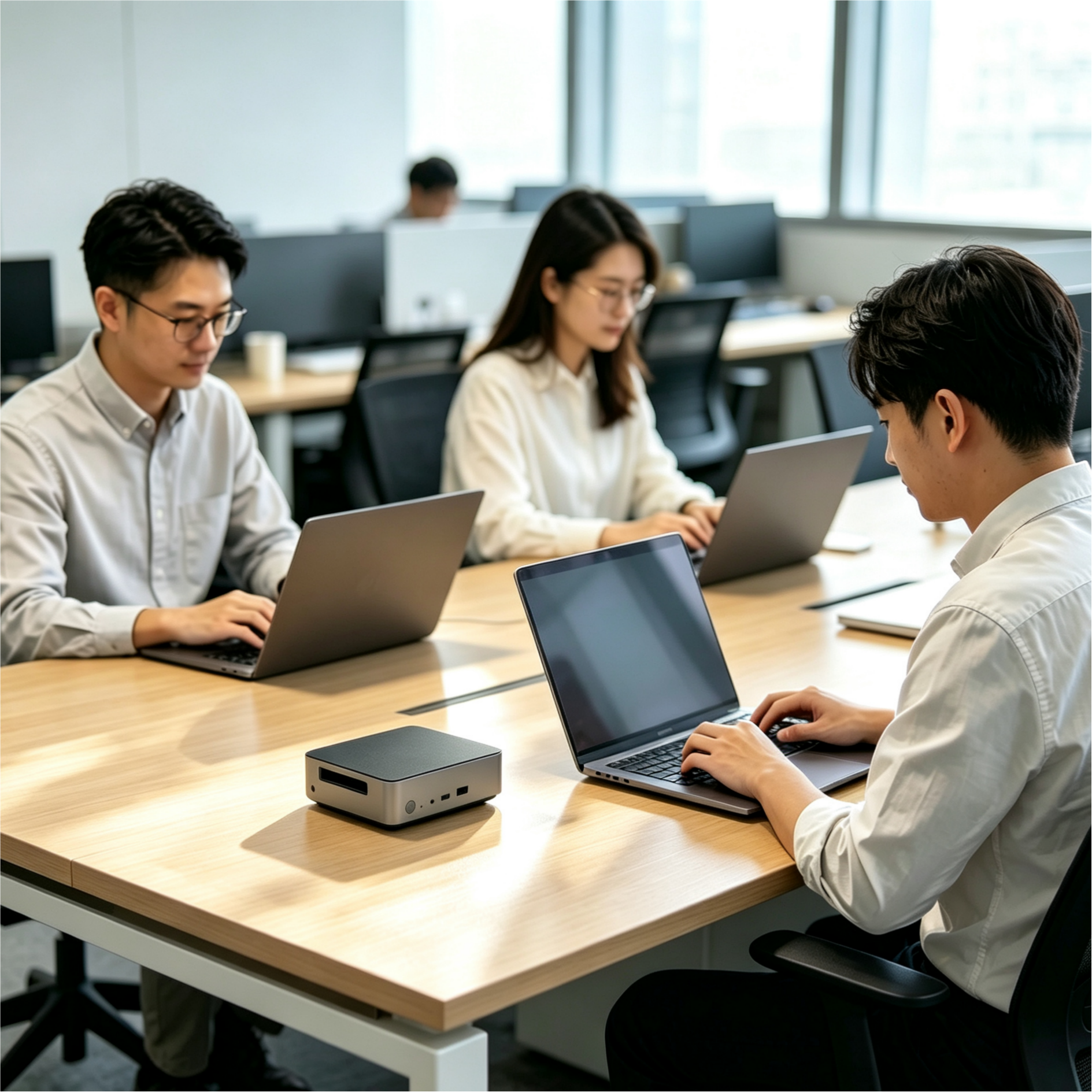 工作人员在办公室使用移动 AI 终端开展本地智能办公